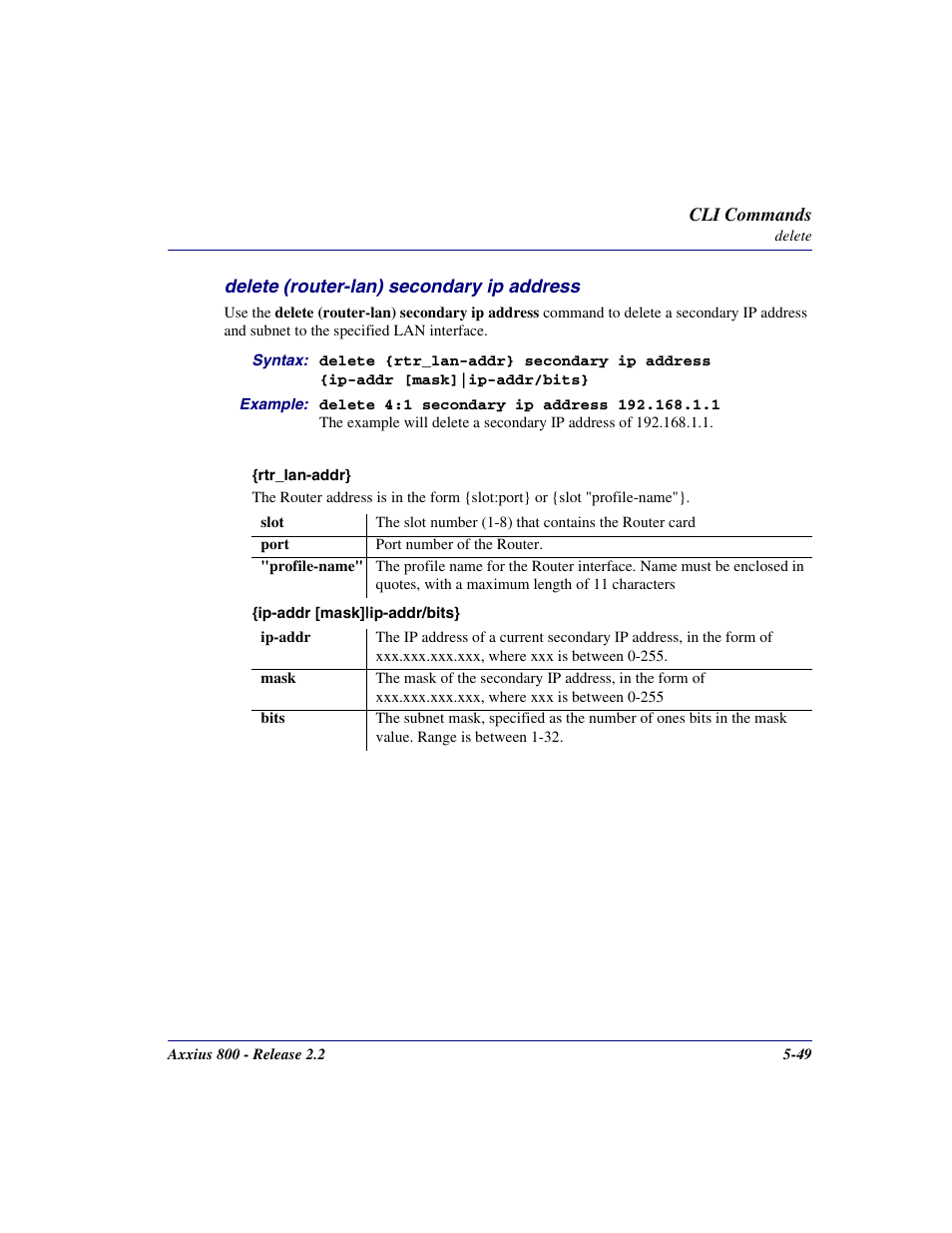 Delete (router-lan) secondary ip address, Delete (router-lan) secondary ip address -49 | Carrier Access Network Device Axxius 800 User Manual | Page 149 / 568