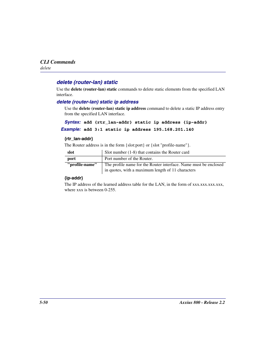 Delete (router-lan) static, Delete (router-lan) static -50 | Carrier Access Network Device Axxius 800 User Manual | Page 150 / 568