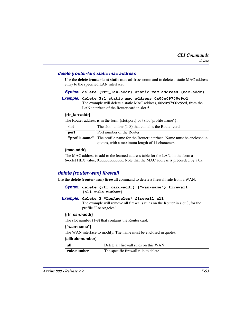 Delete (router-wan) firewall, Delete (router-wan) firewall -53 | Carrier Access Network Device Axxius 800 User Manual | Page 153 / 568