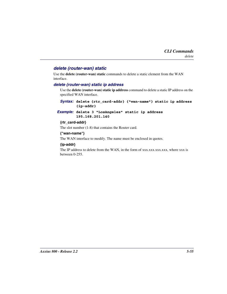 Delete (router-wan) static, Delete (router-wan) static -55 | Carrier Access Network Device Axxius 800 User Manual | Page 155 / 568
