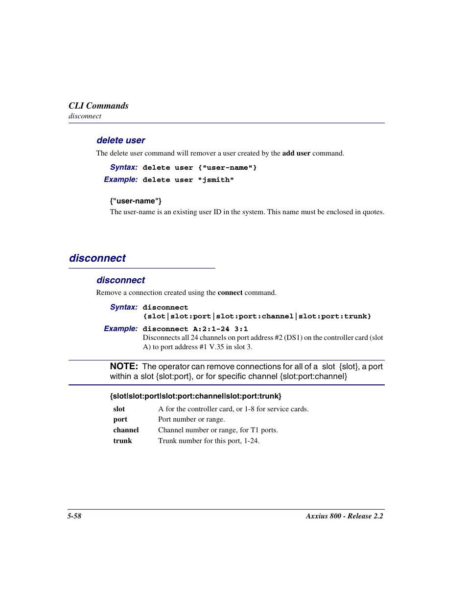 Delete user, Disconnect, Delete user -58 | Disconnect -58 | Carrier Access Network Device Axxius 800 User Manual | Page 158 / 568