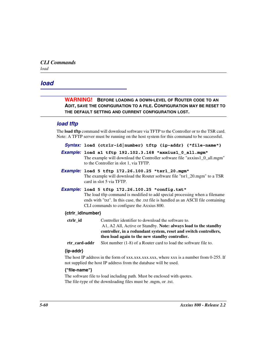 Load, Load tftp, Load -60 | Load tftp -60 | Carrier Access Network Device Axxius 800 User Manual | Page 160 / 568