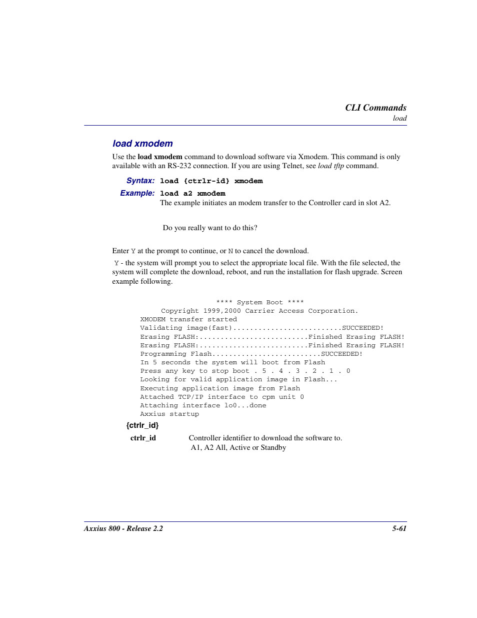 Load xmodem, Load xmodem -61 | Carrier Access Network Device Axxius 800 User Manual | Page 161 / 568
