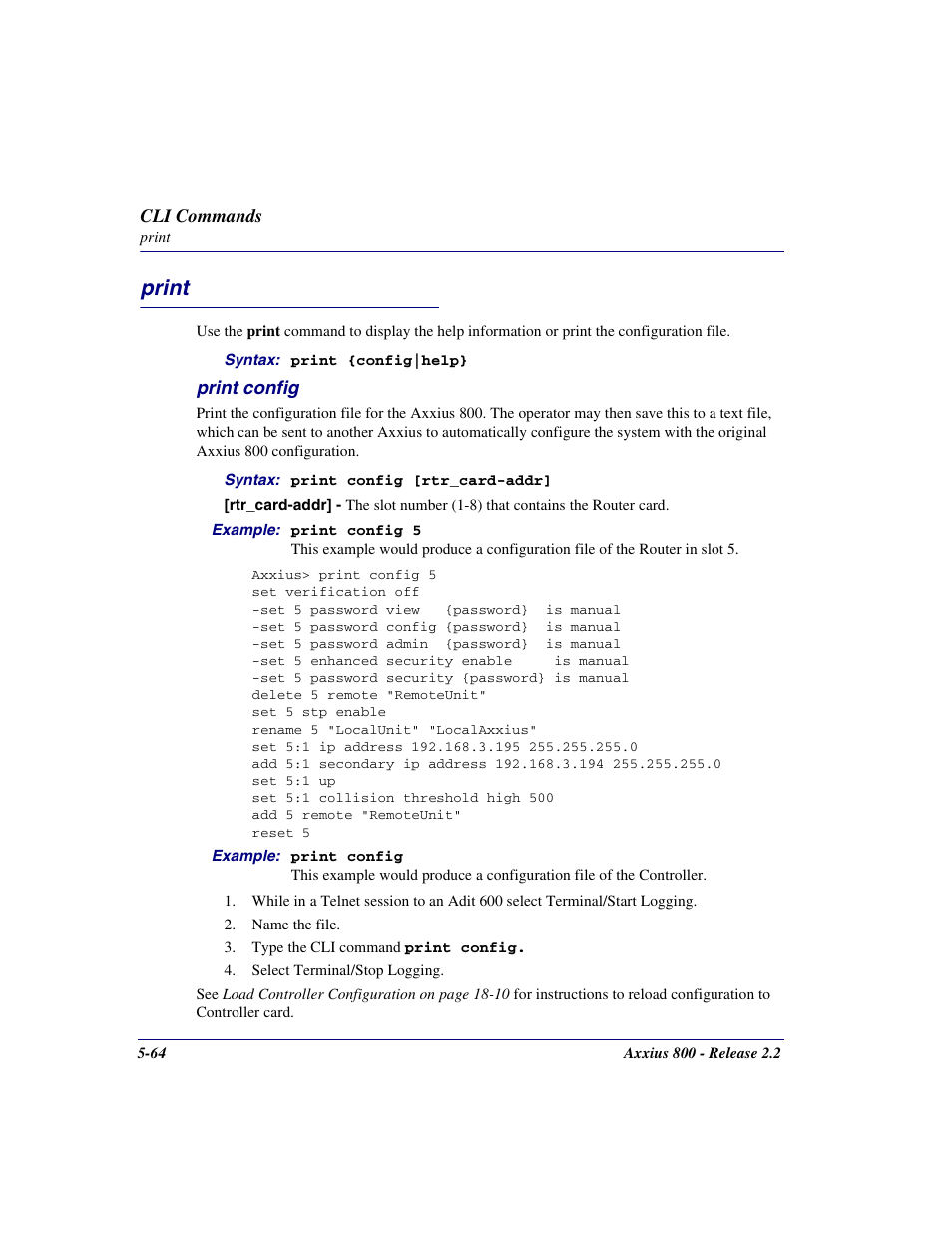 Print, Print config, Print -64 | Print config -64 | Carrier Access Network Device Axxius 800 User Manual | Page 164 / 568