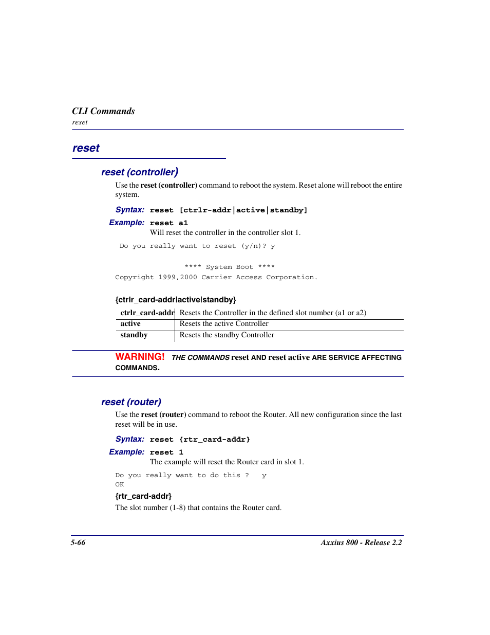 Reset, Reset (controller), Reset (router) | Reset -66, Reset (controller) -66, Reset (router) -66 | Carrier Access Network Device Axxius 800 User Manual | Page 166 / 568