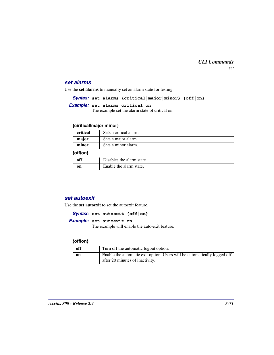Set alarms, Set autoexit, Set alarms -71 | Set autoexit -71 | Carrier Access Network Device Axxius 800 User Manual | Page 171 / 568
