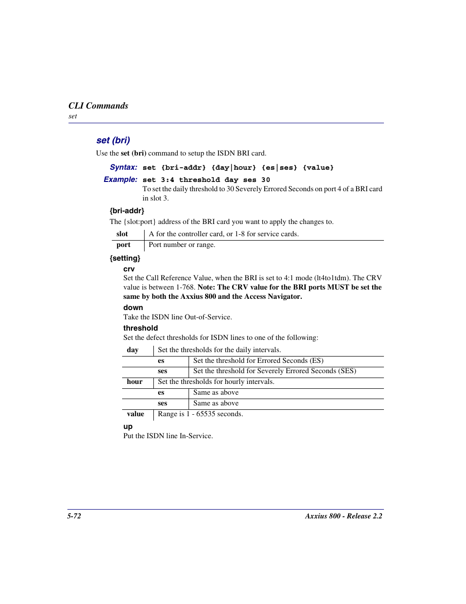 Set (bri), Set (bri) -72 | Carrier Access Network Device Axxius 800 User Manual | Page 172 / 568