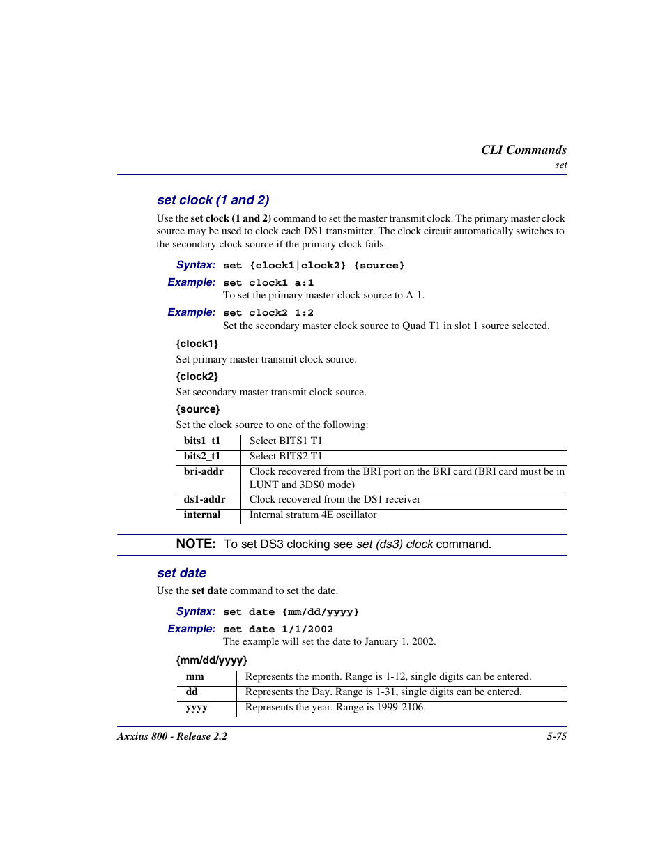 Set clock (1 and 2), Set date, Set clock (1 and 2) -75 | Set date -75, Set date comman | Carrier Access Network Device Axxius 800 User Manual | Page 175 / 568