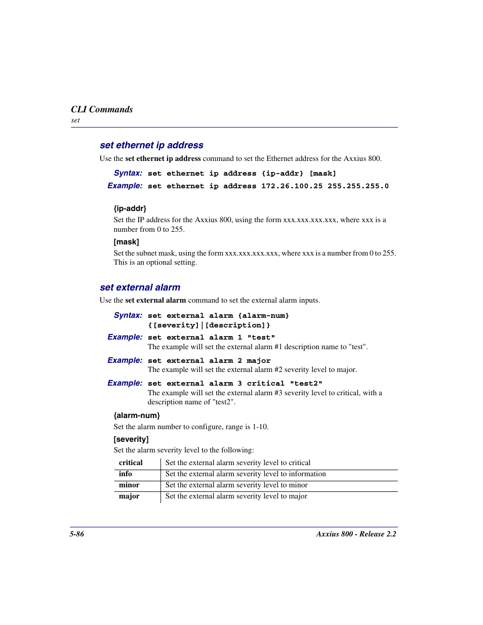 Set ethernet ip address, Set external alarm, Set ethernet ip address -86 | Set external alarm -86, See the set ethernet ip address, Set ethernet ip address com | Carrier Access Network Device Axxius 800 User Manual | Page 186 / 568
