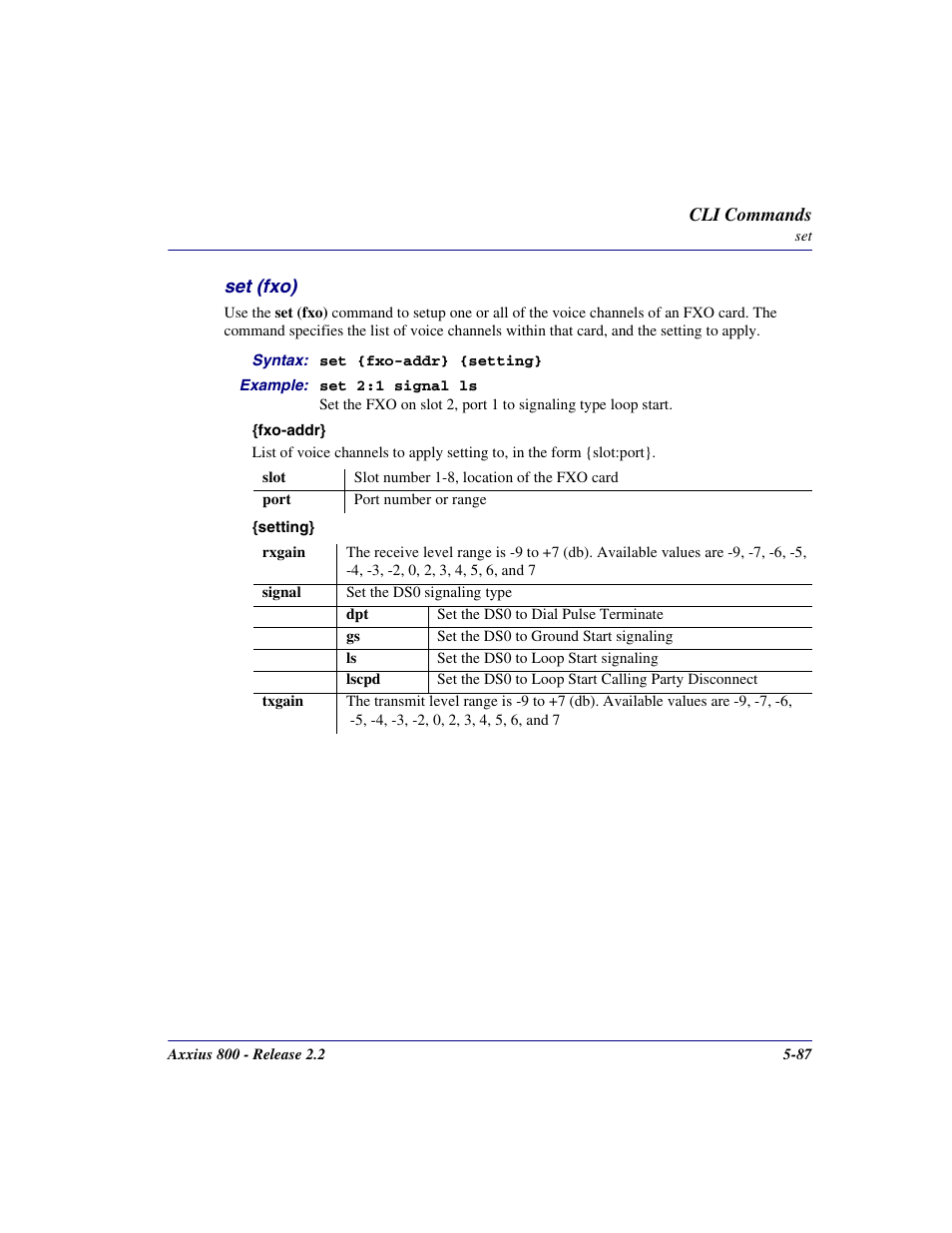 Set (fxo), Set (fxo) -87 | Carrier Access Network Device Axxius 800 User Manual | Page 187 / 568