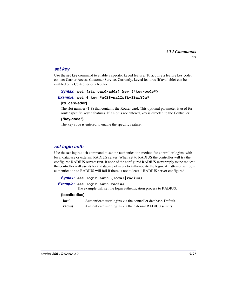 Set key, Set login auth, Set key -91 | Set login auth -91 | Carrier Access Network Device Axxius 800 User Manual | Page 191 / 568