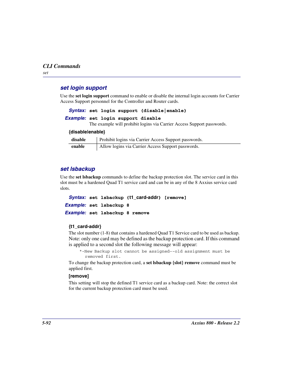 Set login support, Set lsbackup, Set login support -92 | Set lsbackup -92 | Carrier Access Network Device Axxius 800 User Manual | Page 192 / 568