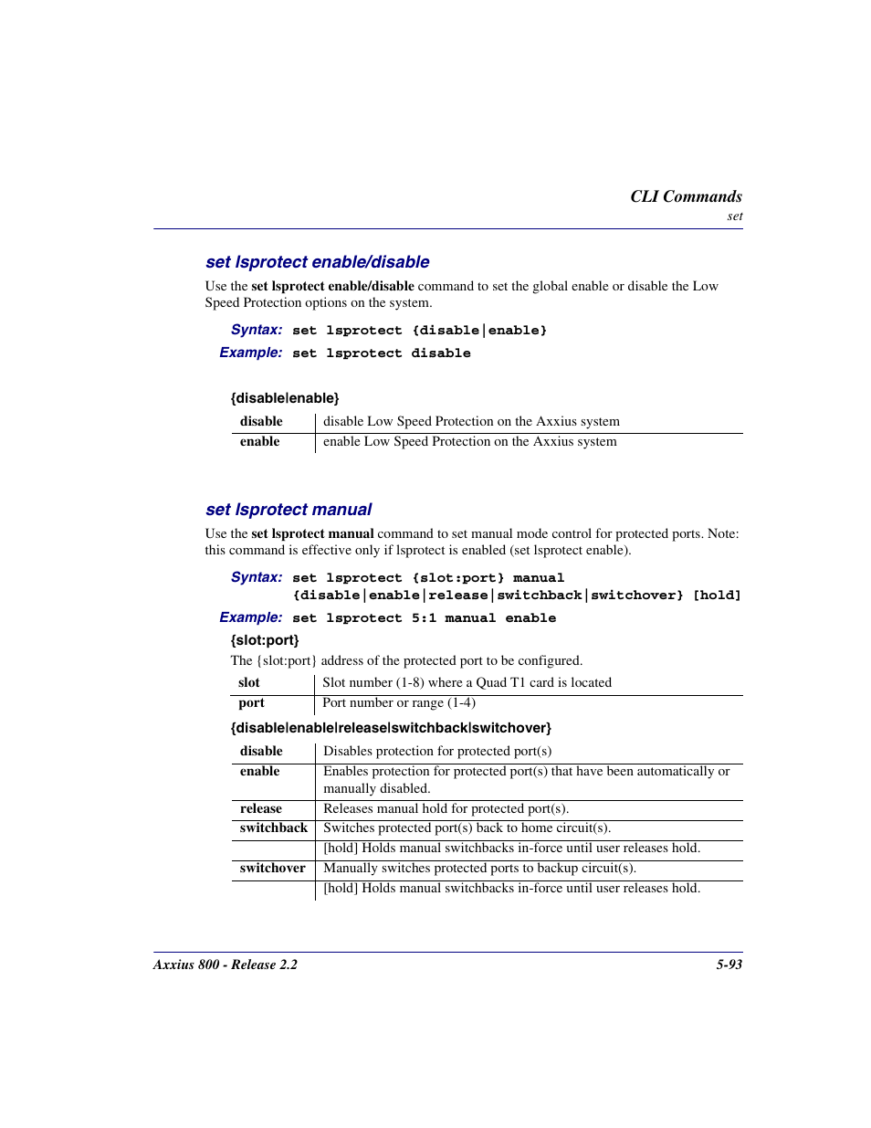 Set lsprotect enable/disable, Set lsprotect manual, Set lsprotect enable/disable -93 | Set lsprotect manual -93 | Carrier Access Network Device Axxius 800 User Manual | Page 193 / 568
