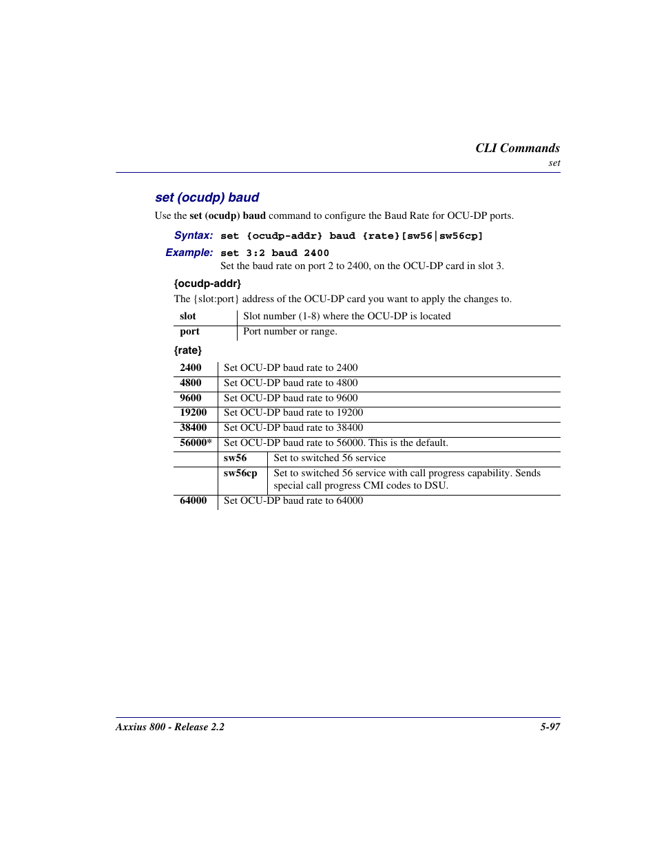 Set (ocudp) baud, Set (ocudp) baud -97 | Carrier Access Network Device Axxius 800 User Manual | Page 197 / 568