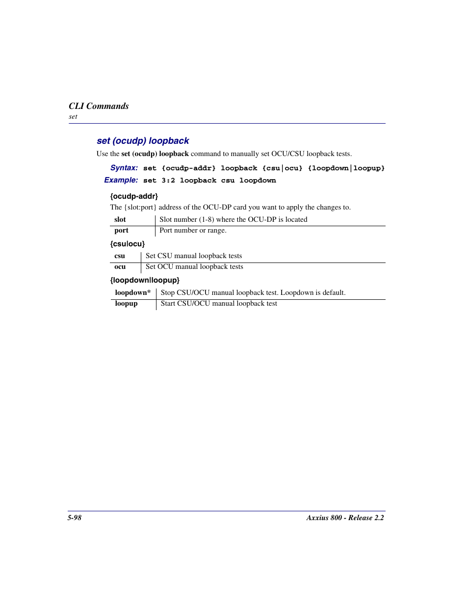 Set (ocudp) loopback, Set (ocudp) loopback -98 | Carrier Access Network Device Axxius 800 User Manual | Page 198 / 568
