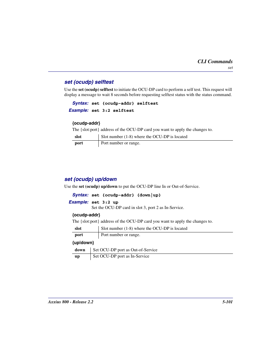 Set (ocudp) selftest, Set (ocudp) up/down, Set (ocudp) selftest -101 | Set (ocudp) up/down -101 | Carrier Access Network Device Axxius 800 User Manual | Page 201 / 568