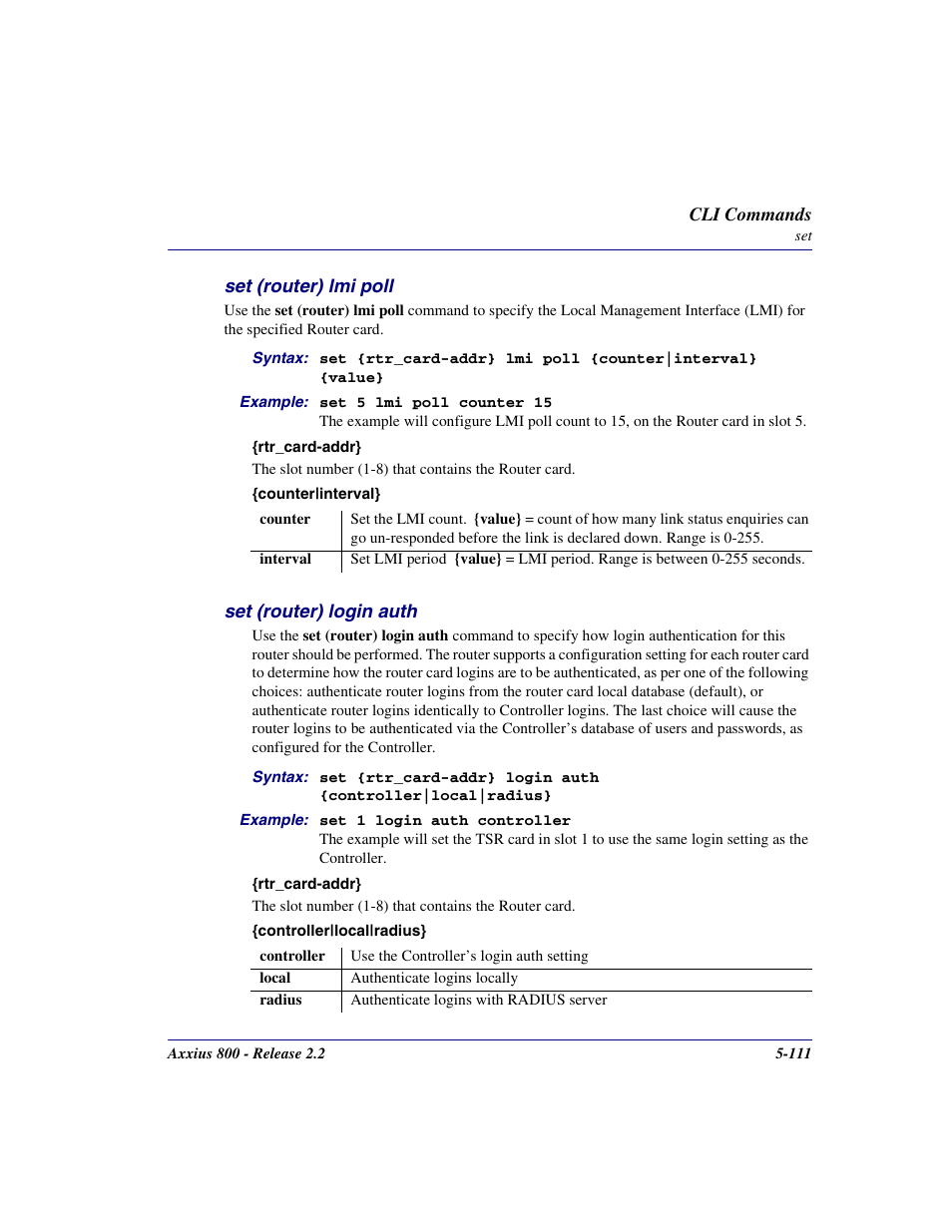Set (router) lmi poll, Set (router) login auth, Set (router) lmi poll -111 | Set (router) login auth -111 | Carrier Access Network Device Axxius 800 User Manual | Page 211 / 568
