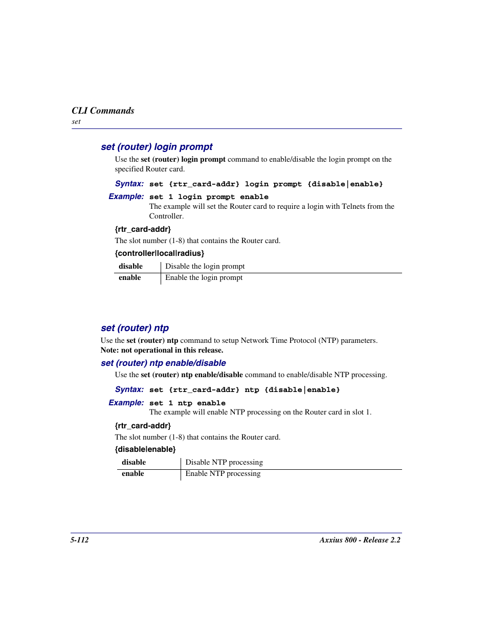 Set (router) login prompt, Set (router) ntp, Set (router) login prompt -112 | Set (router) ntp -112 | Carrier Access Network Device Axxius 800 User Manual | Page 212 / 568