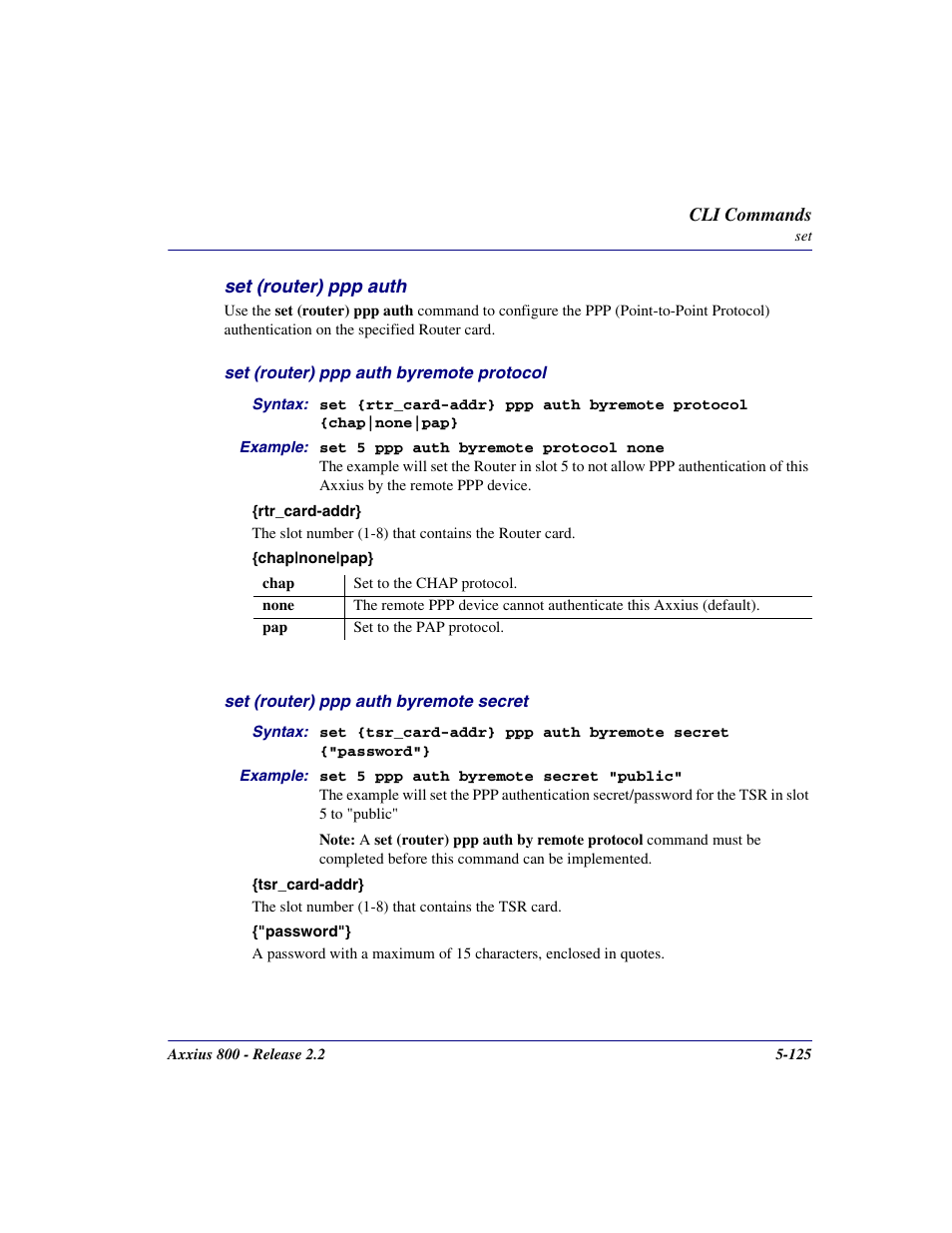 Set (router) ppp auth, Set (router) ppp auth -125 | Carrier Access Network Device Axxius 800 User Manual | Page 225 / 568