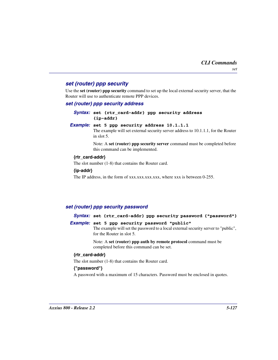 Set (router) ppp security, Set (router) ppp security -127 | Carrier Access Network Device Axxius 800 User Manual | Page 227 / 568