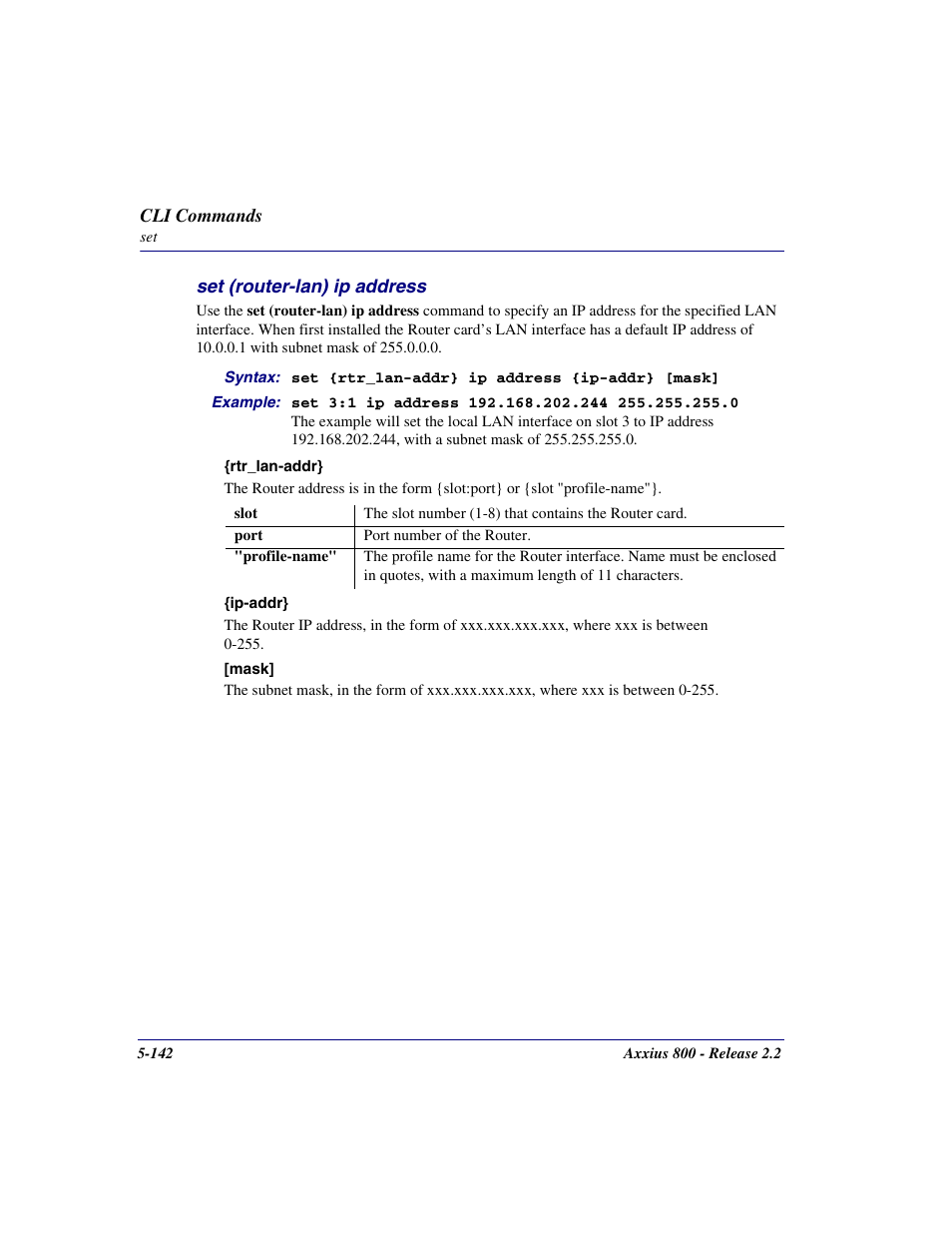 Set (router-lan) ip address, Set (router-lan) ip address -142 | Carrier Access Network Device Axxius 800 User Manual | Page 242 / 568