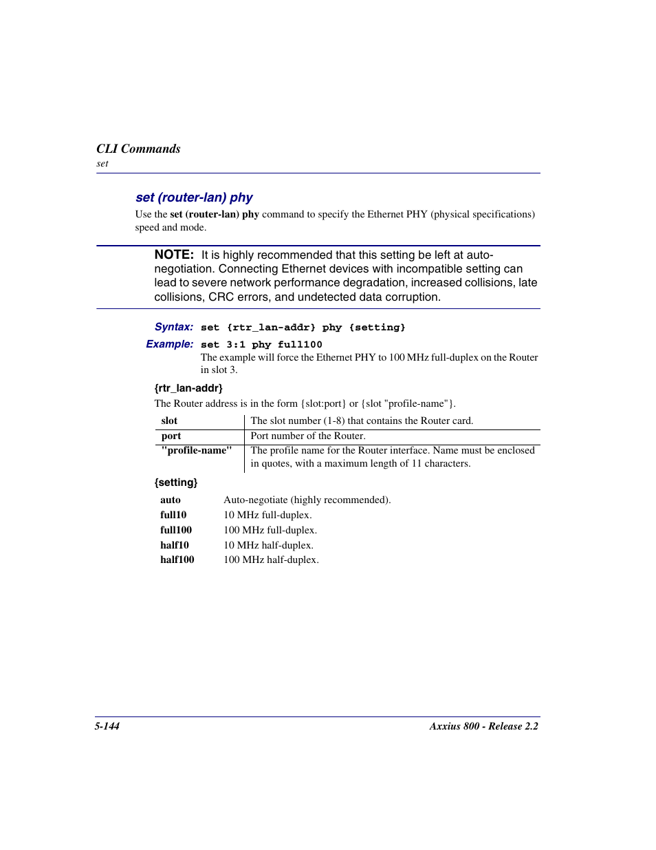 Set (router-lan) phy, Set (router-lan) phy -144 | Carrier Access Network Device Axxius 800 User Manual | Page 244 / 568