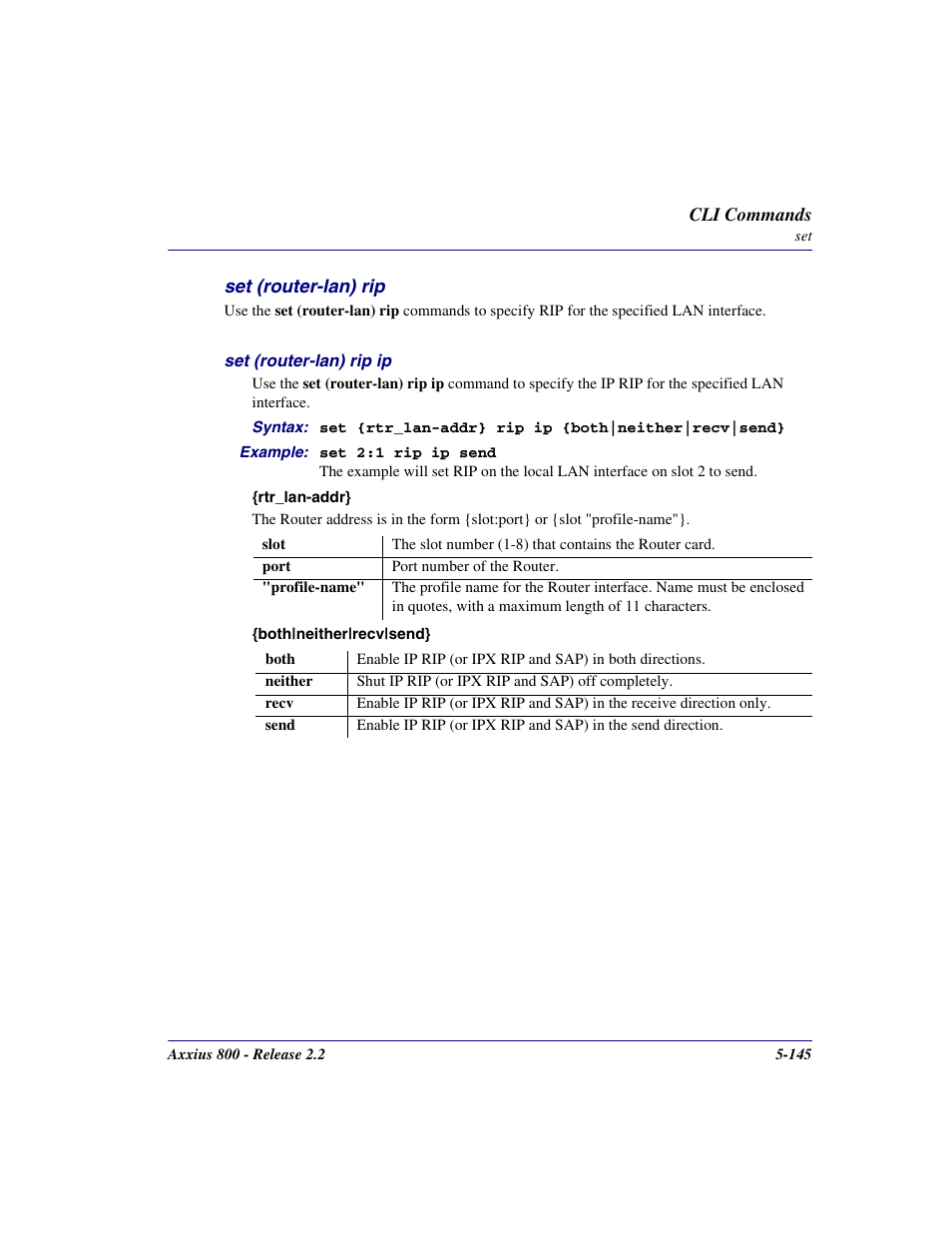 Set (router-lan) rip, Set (router-lan) rip -145 | Carrier Access Network Device Axxius 800 User Manual | Page 245 / 568