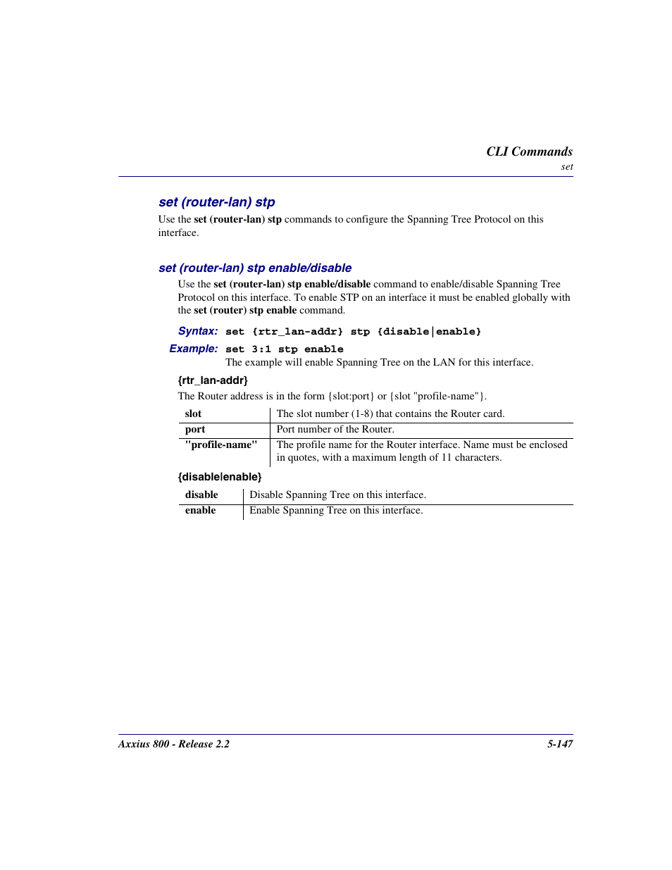 Set (router-lan) stp, Set (router-lan) stp -147 | Carrier Access Network Device Axxius 800 User Manual | Page 247 / 568
