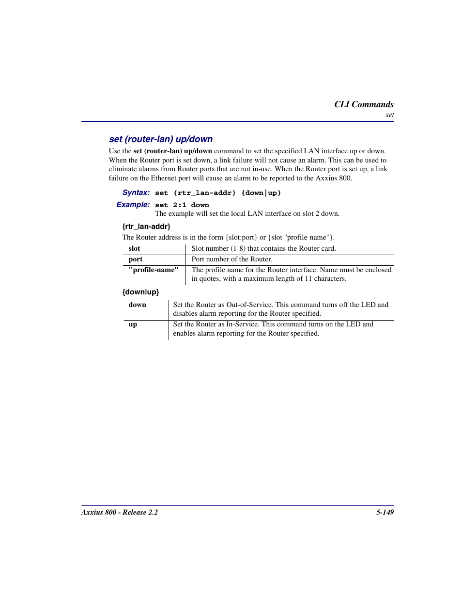 Set (router-lan) up/down, Set (router-lan) up/down -149 | Carrier Access Network Device Axxius 800 User Manual | Page 249 / 568