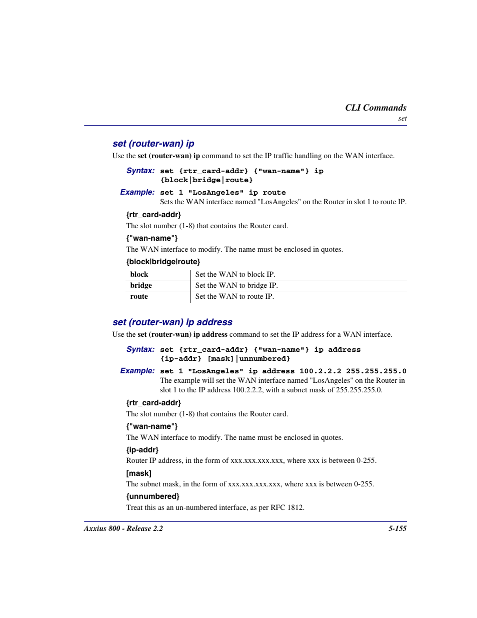 Set (router-wan) ip, Set (router-wan) ip address, Set (router-wan) ip -155 | Set (router-wan) ip address -155 | Carrier Access Network Device Axxius 800 User Manual | Page 255 / 568