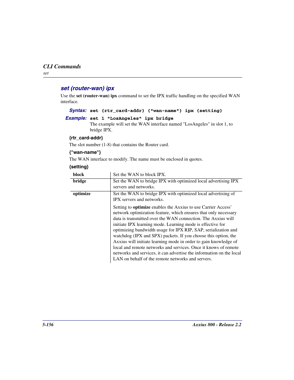 Set (router-wan) ipx, Set (router-wan) ipx -156 | Carrier Access Network Device Axxius 800 User Manual | Page 256 / 568