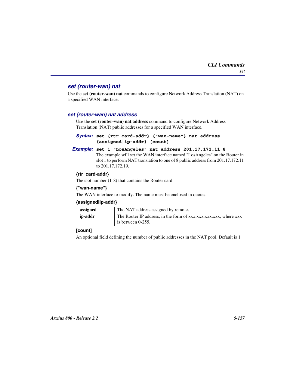 Set (router-wan) nat, Set (router-wan) nat -157 | Carrier Access Network Device Axxius 800 User Manual | Page 257 / 568