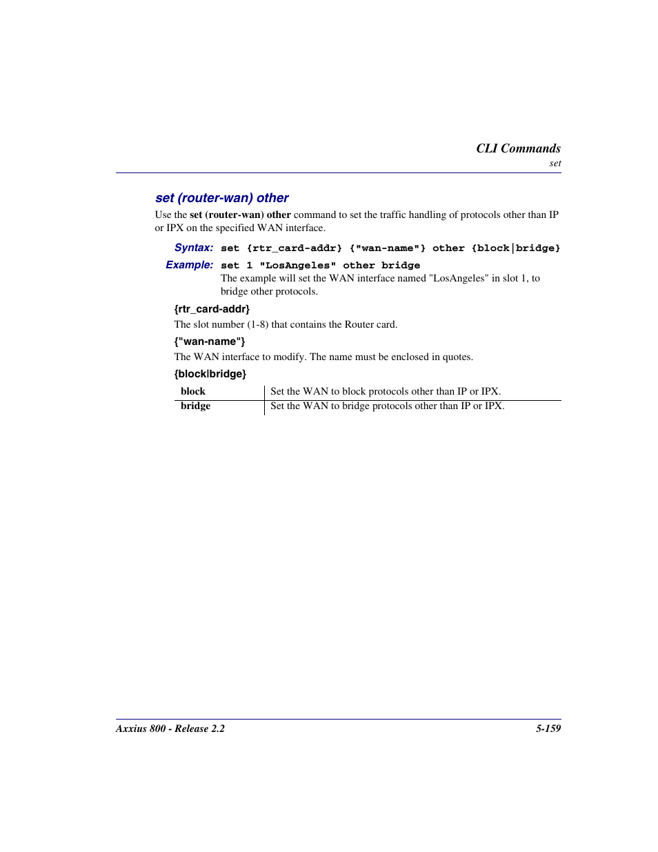 Set (router-wan) other, Set (router-wan) other -159 | Carrier Access Network Device Axxius 800 User Manual | Page 259 / 568