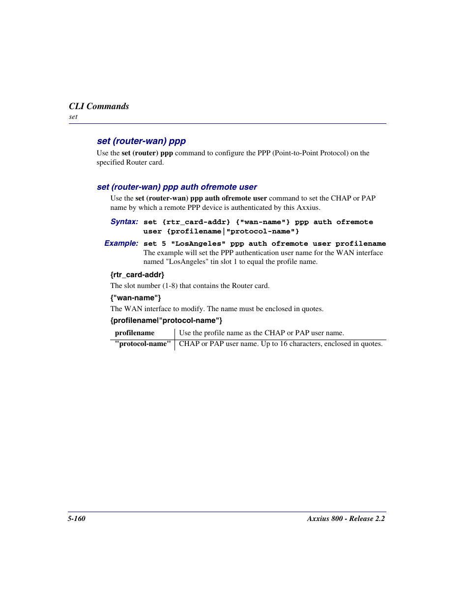 Set (router-wan) ppp, Set (router-wan) ppp -160 | Carrier Access Network Device Axxius 800 User Manual | Page 260 / 568