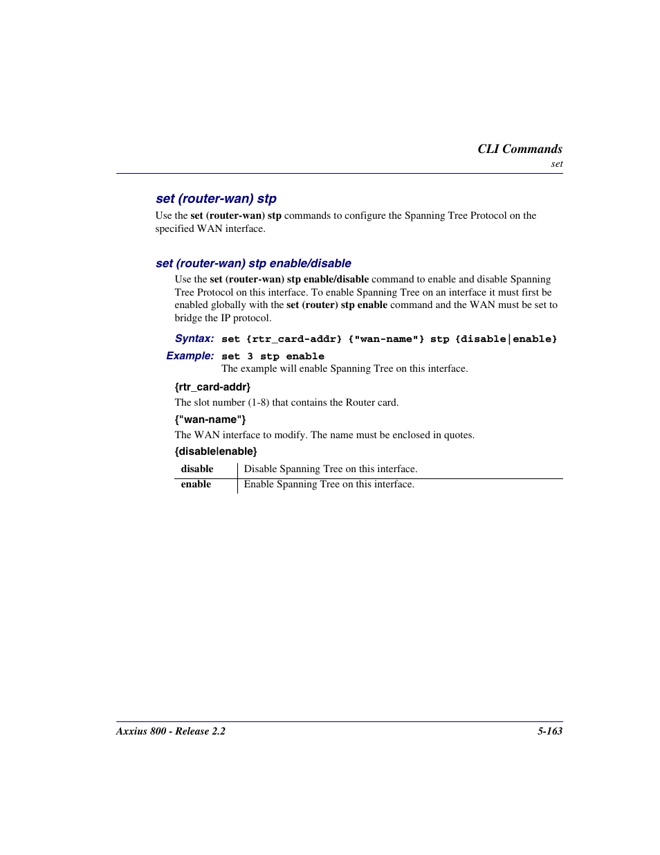 Set (router-wan) stp, Set (router-wan) stp -163 | Carrier Access Network Device Axxius 800 User Manual | Page 263 / 568