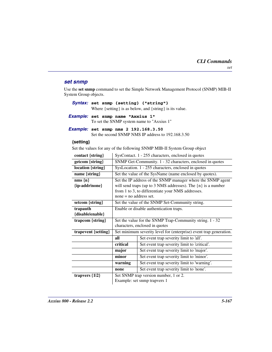 Set snmp, Set snmp -167 | Carrier Access Network Device Axxius 800 User Manual | Page 267 / 568