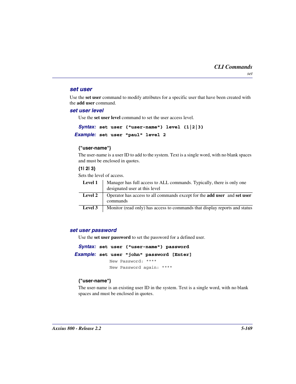 Set user, Set user -169, Set user comm | Carrier Access Network Device Axxius 800 User Manual | Page 269 / 568