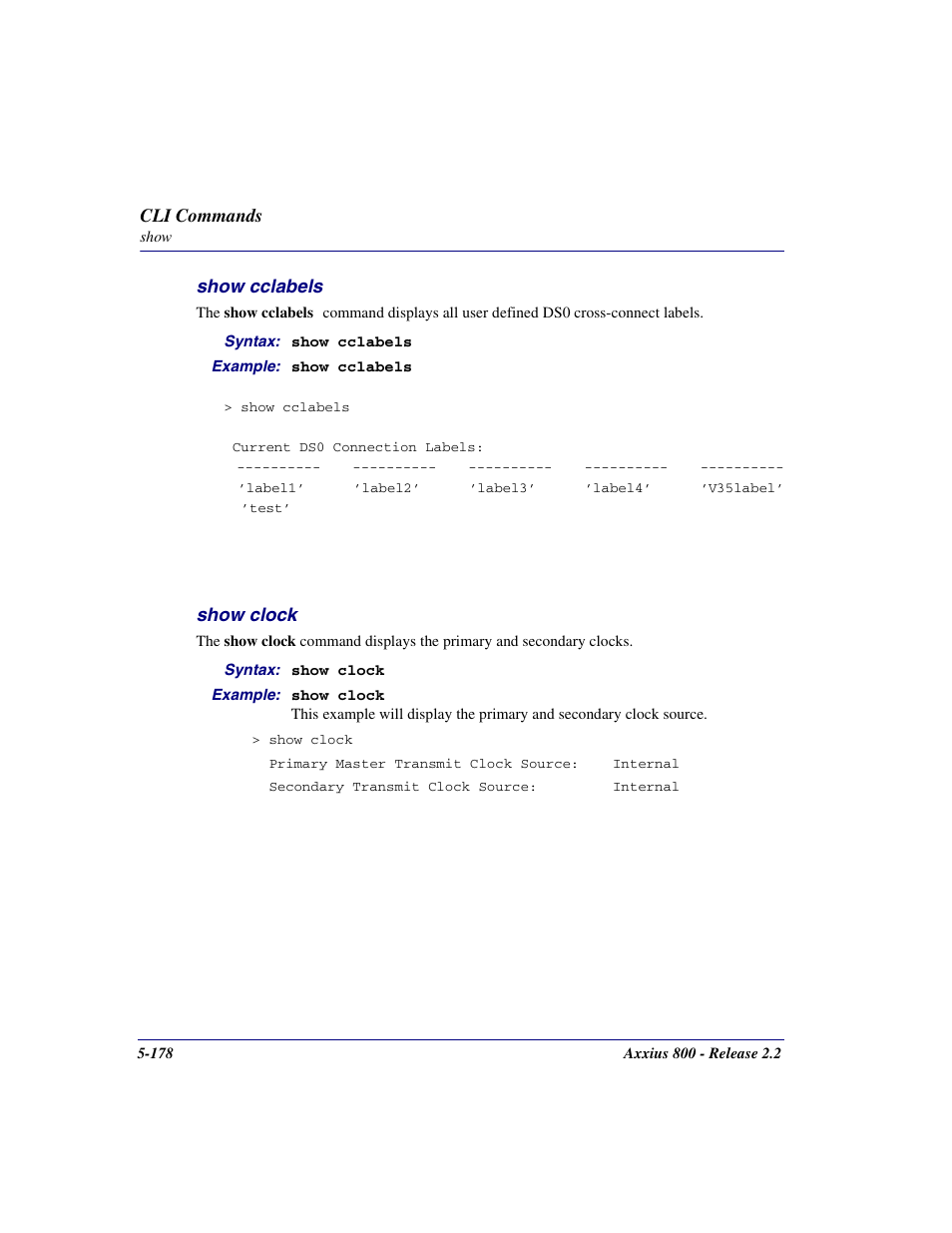 Show cclabels, Show clock, Show cclabels -178 | Show clock -178 | Carrier Access Network Device Axxius 800 User Manual | Page 278 / 568