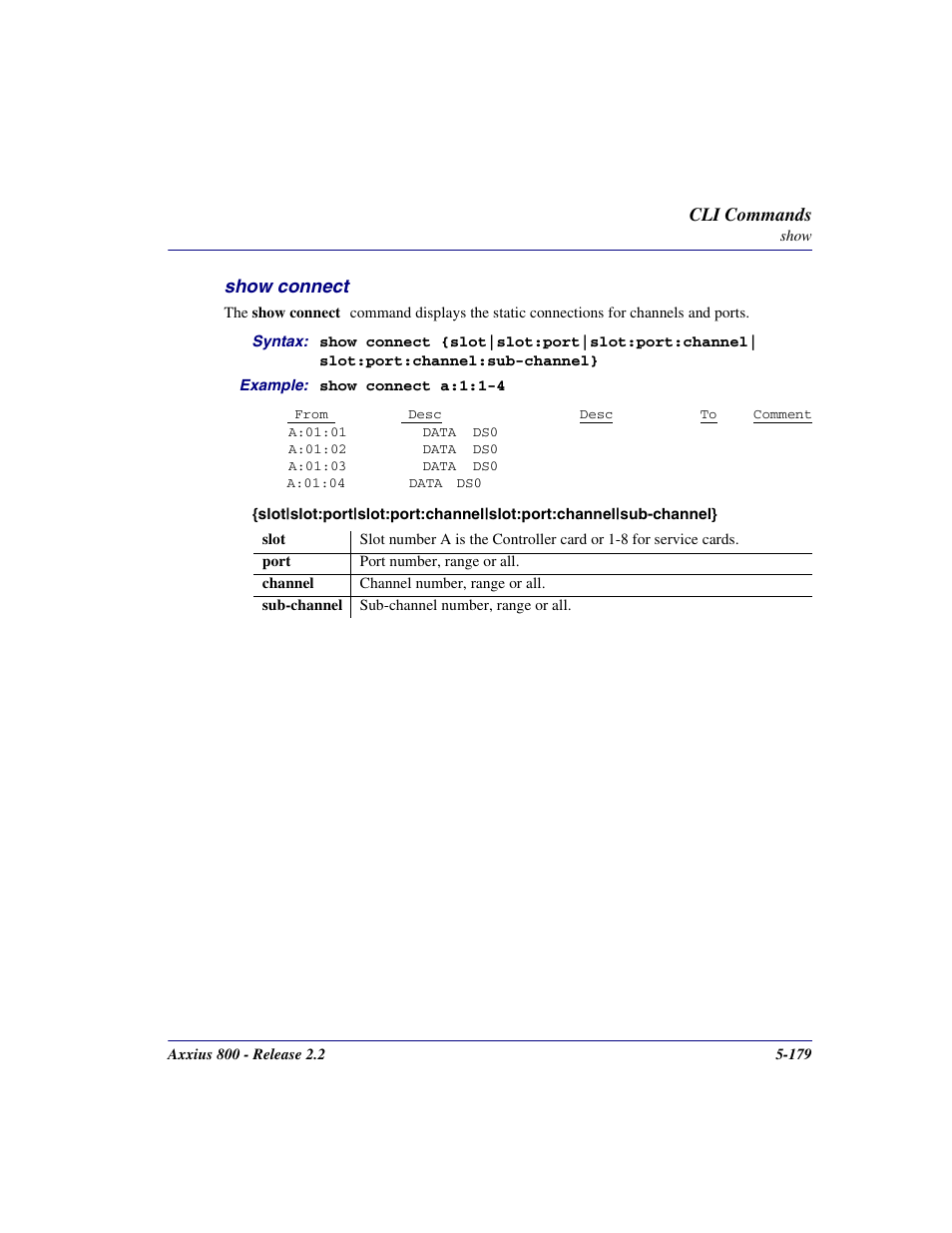 Show connect, Show connect -179 | Carrier Access Network Device Axxius 800 User Manual | Page 279 / 568