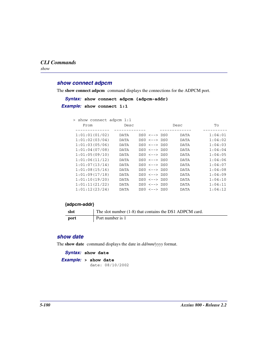 Show connect adpcm, Show date, Show connect adpcm -180 | Show date -180 | Carrier Access Network Device Axxius 800 User Manual | Page 280 / 568
