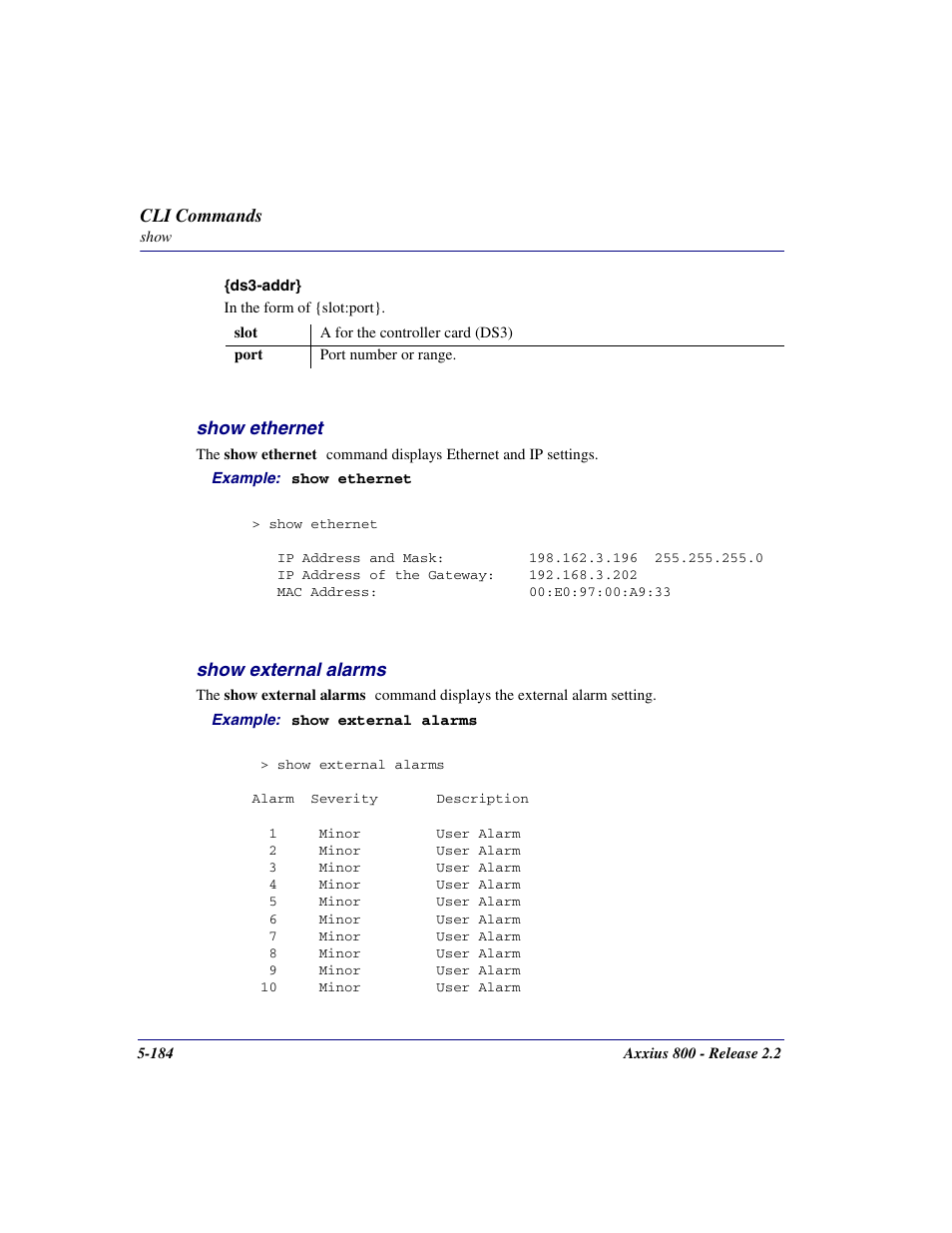 Show ethernet, Show external alarms, Show ethernet -184 | Show external alarms -184 | Carrier Access Network Device Axxius 800 User Manual | Page 284 / 568