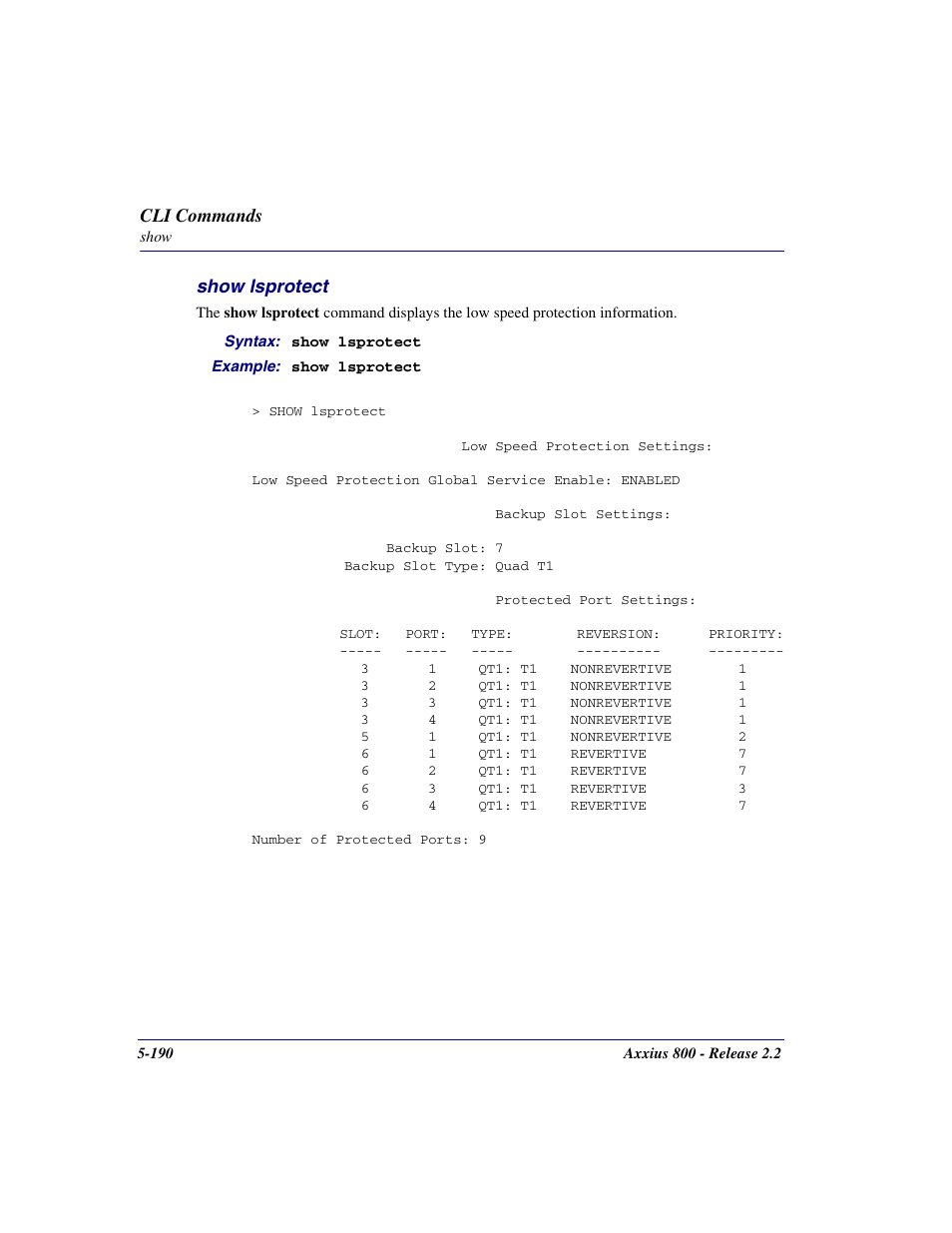Show lsprotect, Show lsprotect -190 | Carrier Access Network Device Axxius 800 User Manual | Page 290 / 568
