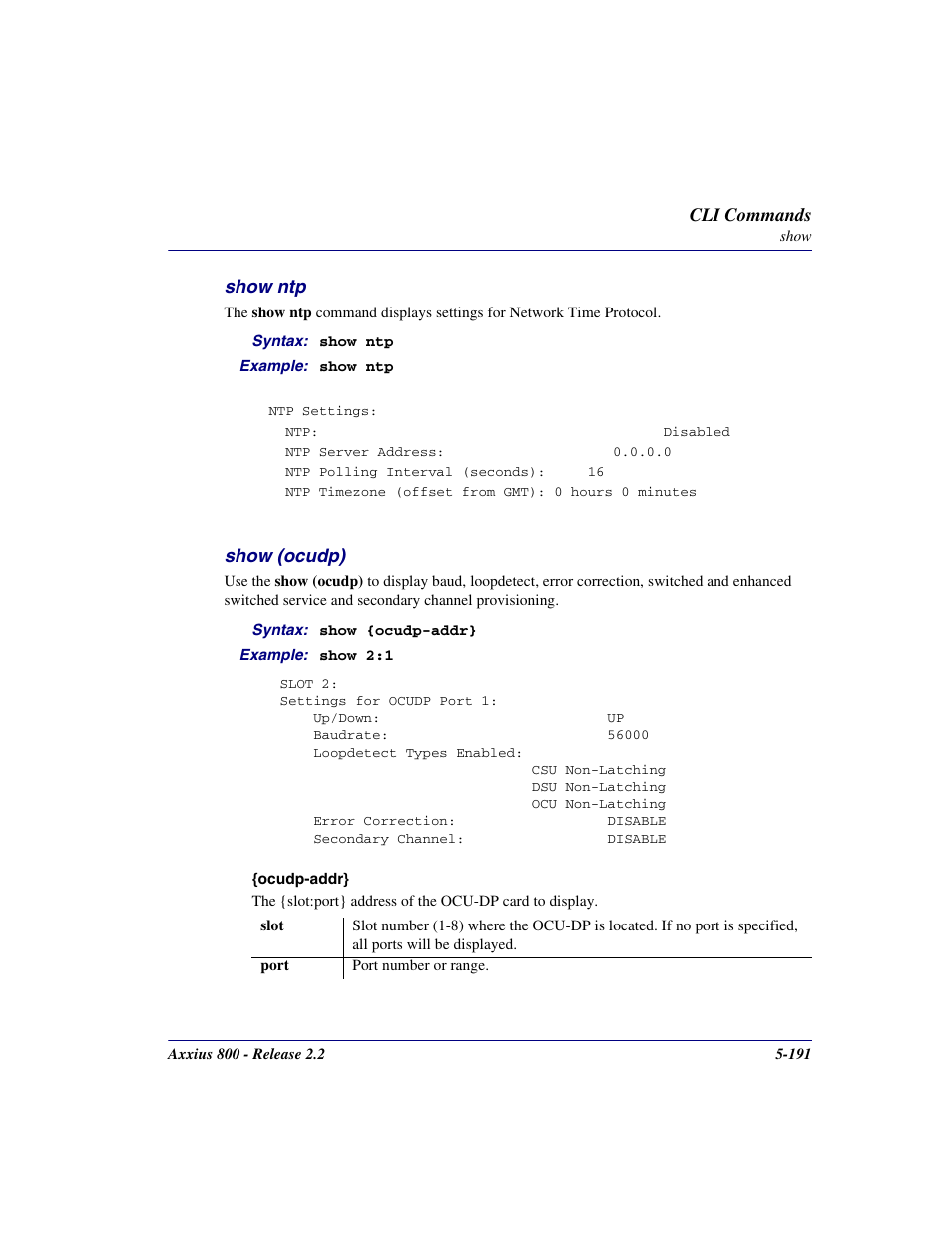 Show ntp, Show (ocudp), Show ntp -191 | Show (ocudp) -191 | Carrier Access Network Device Axxius 800 User Manual | Page 291 / 568
