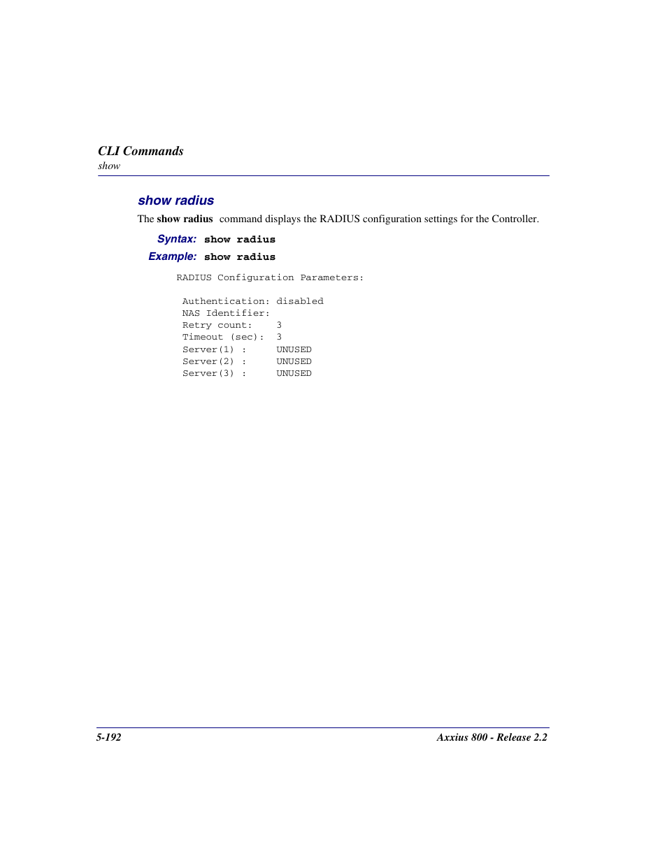 Show radius, Show radius -192 | Carrier Access Network Device Axxius 800 User Manual | Page 292 / 568