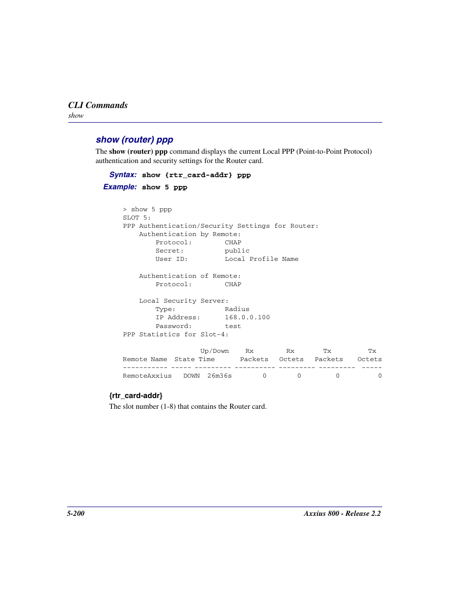Show (router) ppp, Show (router) ppp -200 | Carrier Access Network Device Axxius 800 User Manual | Page 300 / 568