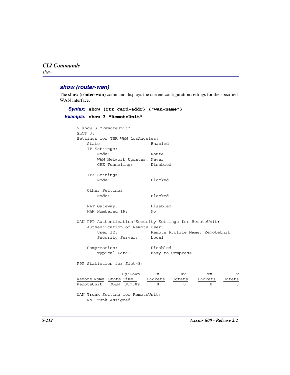 Show (router-wan), Show (router-wan) -212, Cli commands | Carrier Access Network Device Axxius 800 User Manual | Page 312 / 568