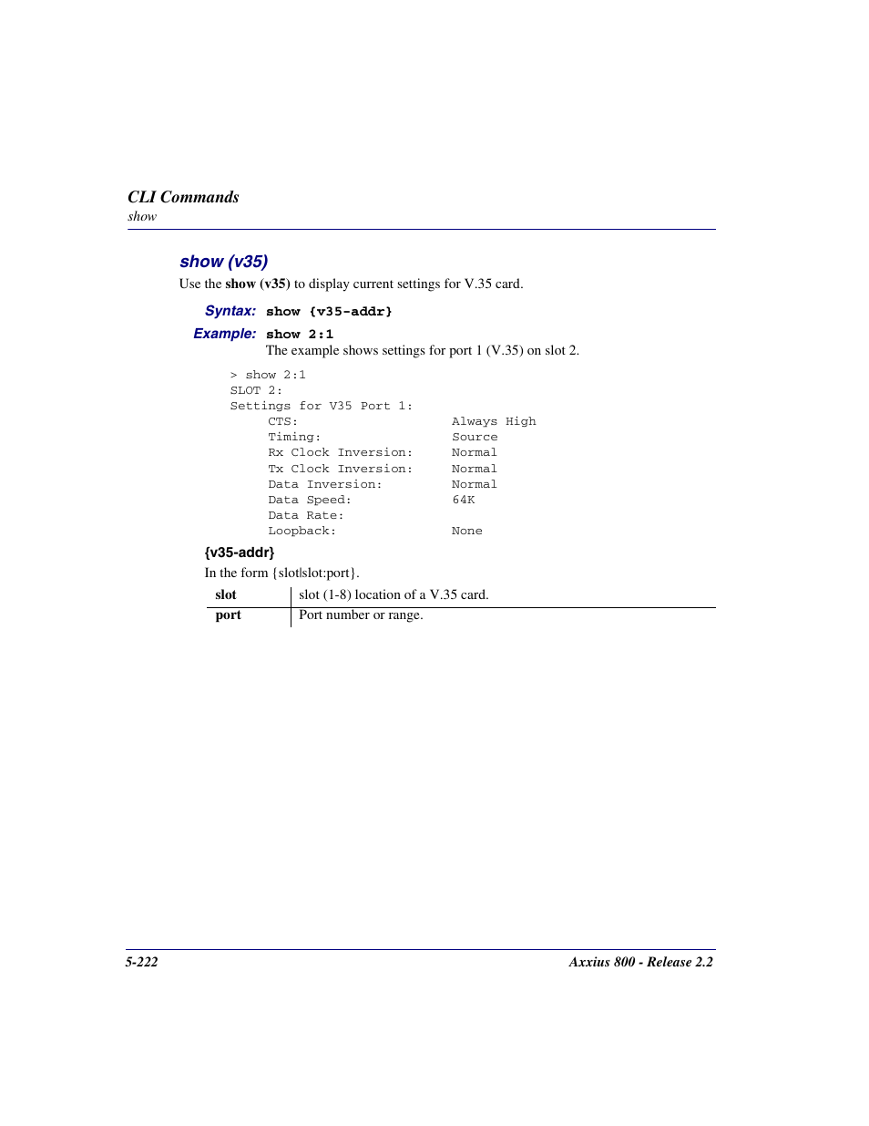 Show (v35), Show (v35) -222 | Carrier Access Network Device Axxius 800 User Manual | Page 322 / 568