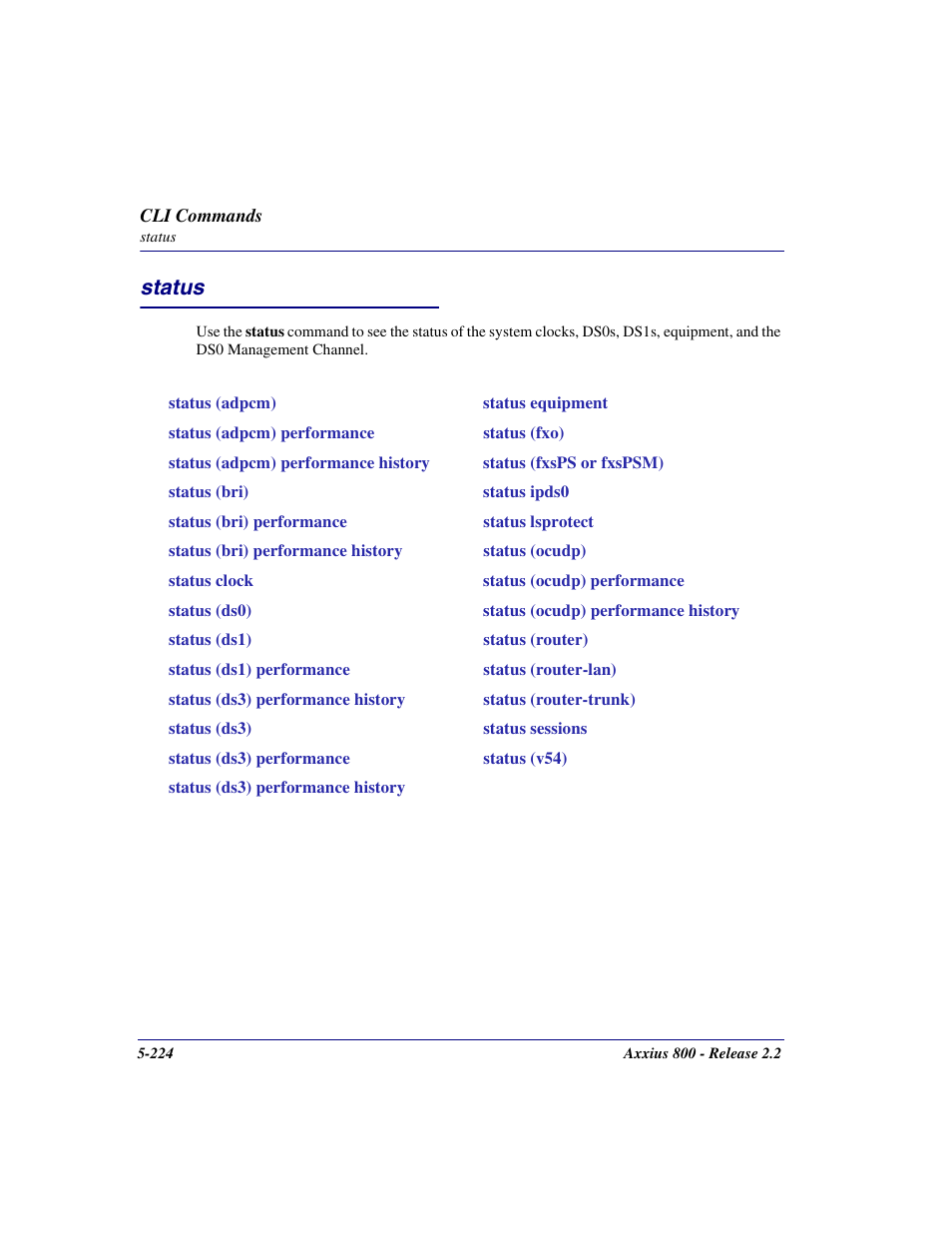 Status, Status -224 | Carrier Access Network Device Axxius 800 User Manual | Page 324 / 568