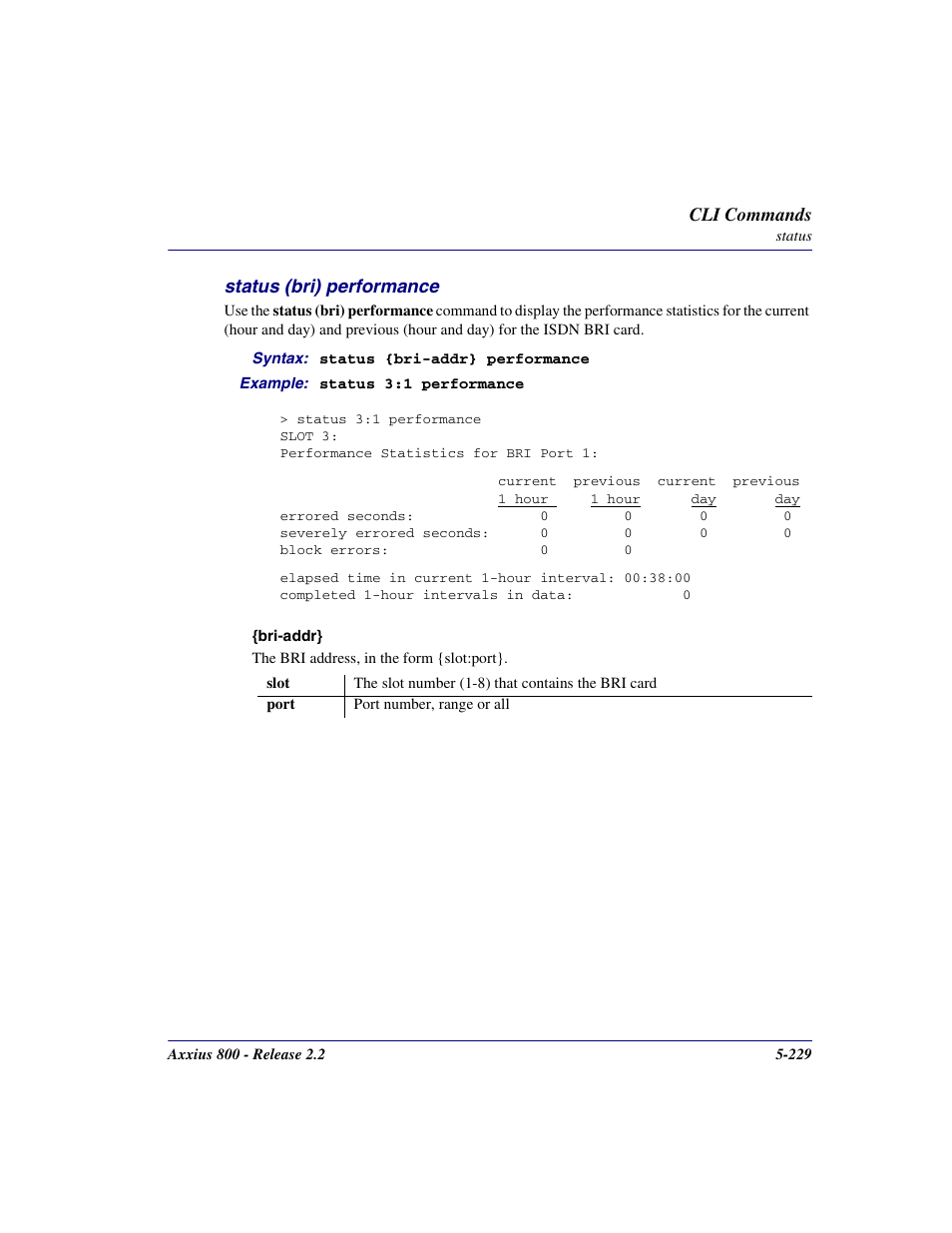 Status (bri) performance, Status (bri) performance -229 | Carrier Access Network Device Axxius 800 User Manual | Page 329 / 568