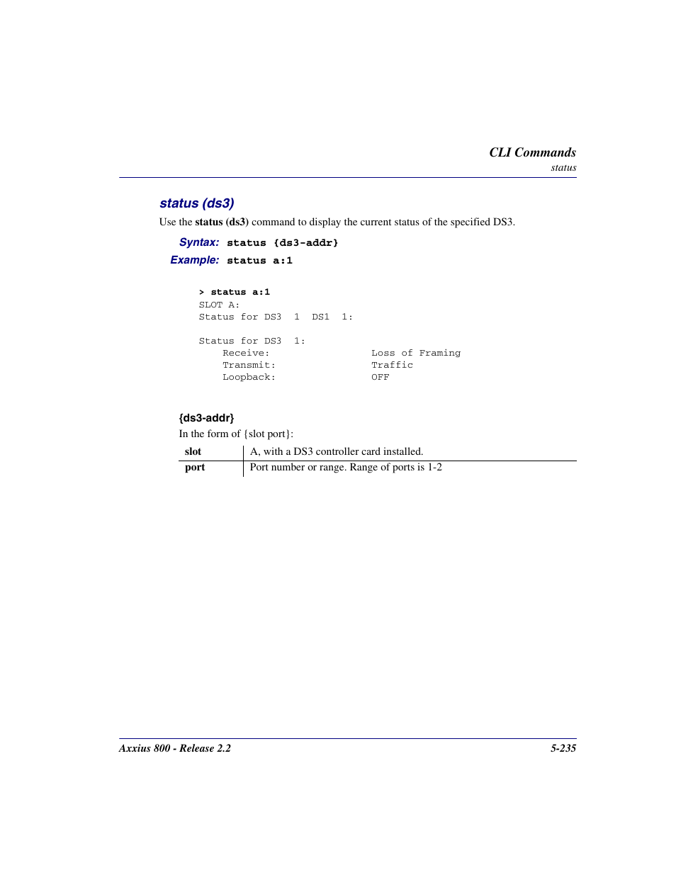 Status (ds3), Status (ds3) -235 | Carrier Access Network Device Axxius 800 User Manual | Page 335 / 568